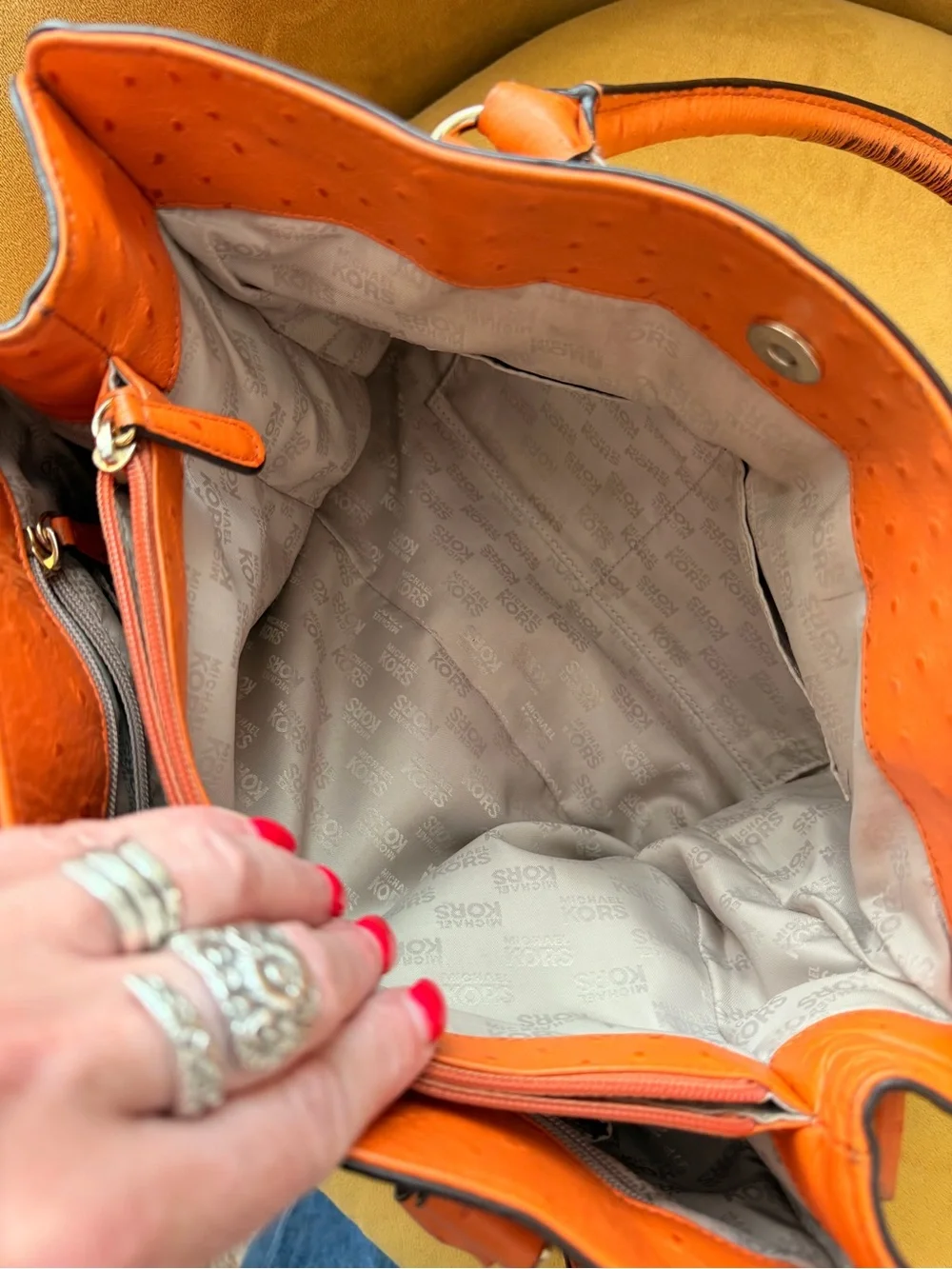 Michael Kors Hamilton Orange Ostrich Embossed Leather Satchel Shoulder Bag